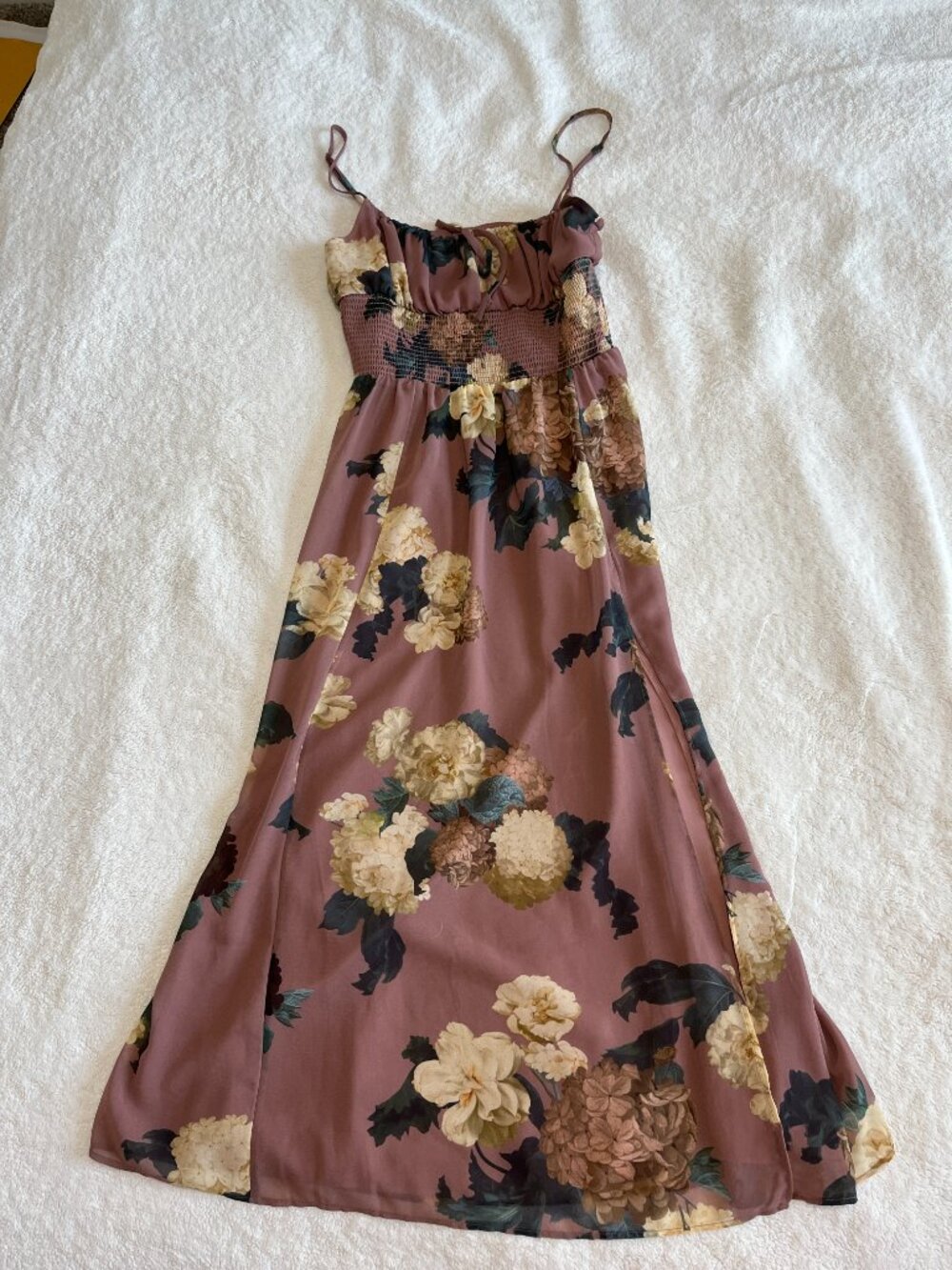 Aritzia Wilfred Brown Floral Summer Midi Dress Spaghetti Straps Chiffon Slit XS